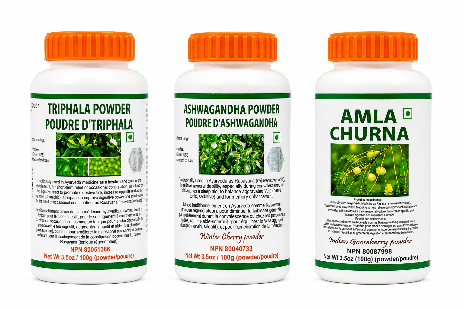 Ayurvedic Herbal Powder Collection – Triphala, Ashwagandha & Amla Churna – 100g Each